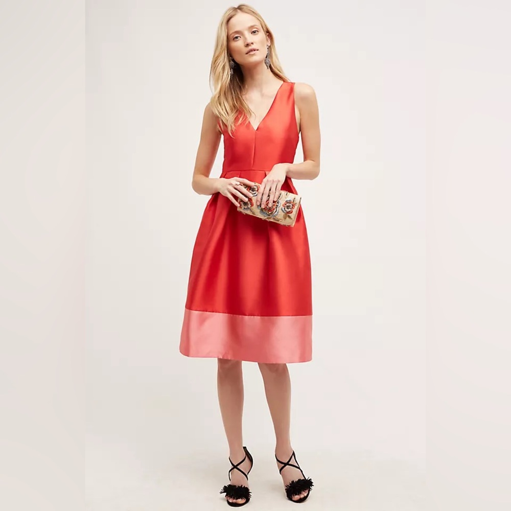 Maeve V-Neck Red and Pink Midi Dress